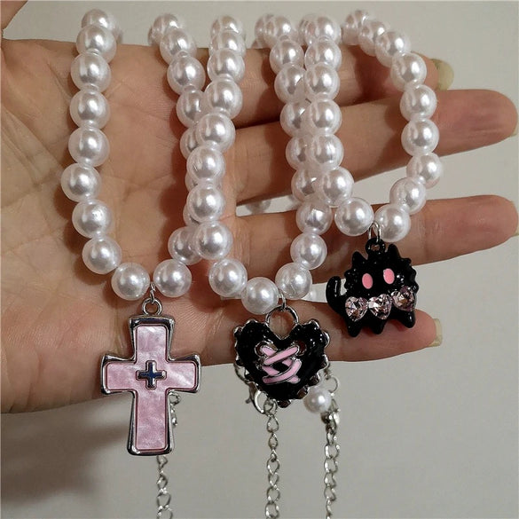 Wholesale Gothic Vintage Pink Cross Cat Pendant Imitation Pearl Beaded Alloy Necklace With Electroplating For Women Featuring Cartoon Characters Geometric And Animal Patterns
