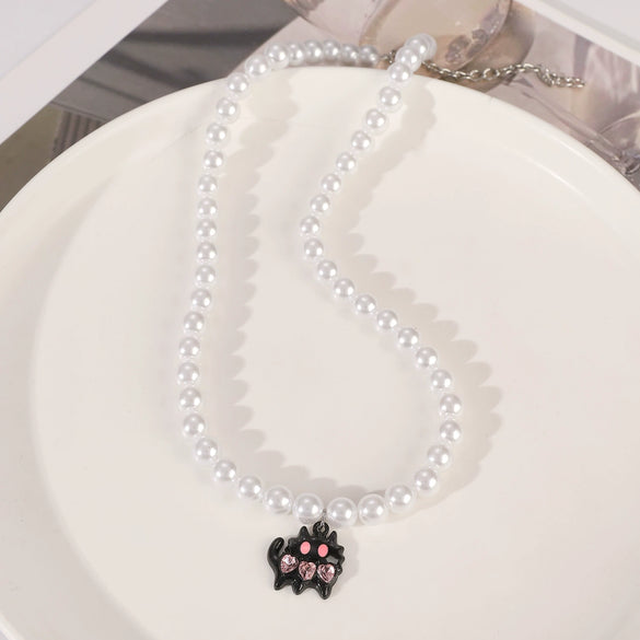 Wholesale Gothic Vintage Pink Cross Cat Pendant Imitation Pearl Beaded Alloy Necklace With Electroplating For Women Featuring Cartoon Characters Geometric And Animal Patterns