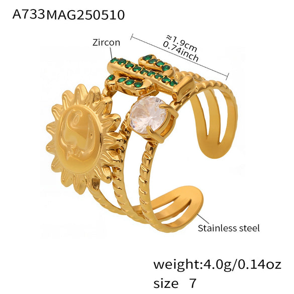 Wholesale Green Diamond Cactus Sun Goddess Ring In Stainless Steel With Geometric Pattern And Electroplating For Women