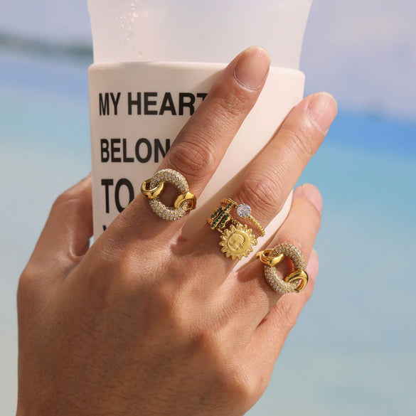 Wholesale Green Diamond Cactus Sun Goddess Ring In Stainless Steel With Geometric Pattern And Electroplating For Women