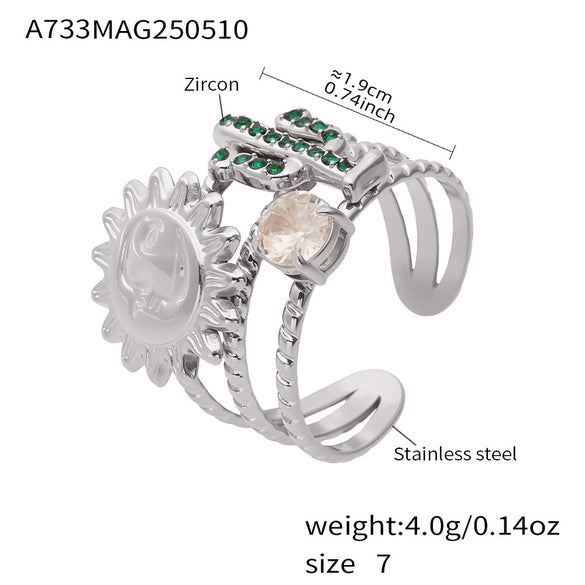 Wholesale Green Diamond Cactus Sun Goddess Ring In Stainless Steel With Geometric Pattern And Electroplating For Women