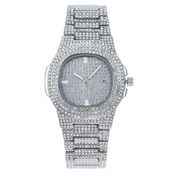 Wholesale Gypsophila Rhinestone Quartz Ladies Watch With Full Diamond Band And Calendar Square Dial Metal Band And Case Mineral Strengthened Glass Mirror