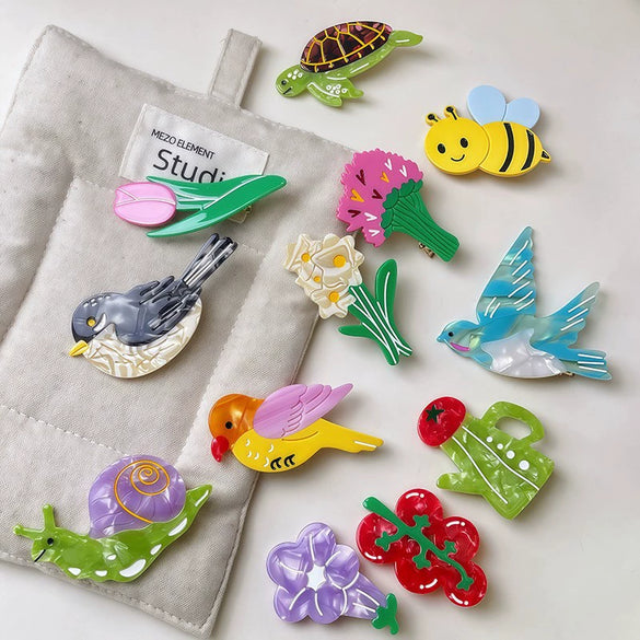 Wholesale Hair Accessories Cartoon Animal Fruit Vegetable Tulip Acetate Handmade Bangs Clip For Women