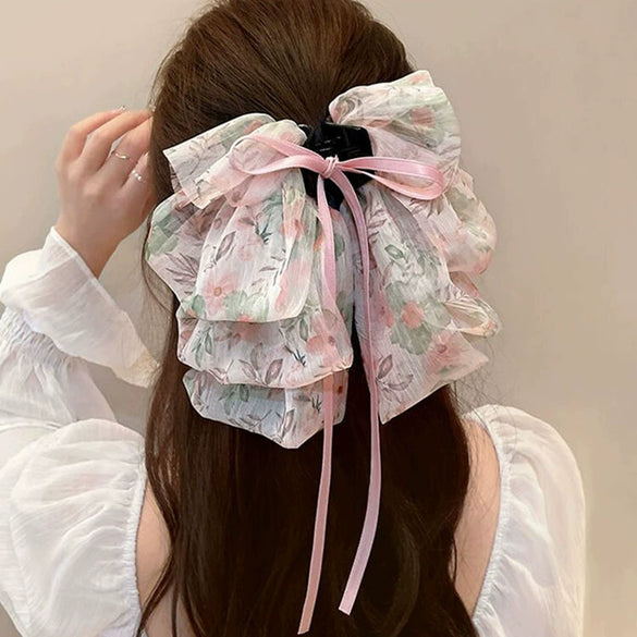 Wholesale Hair Accessories Fabric Handmade French Retro Floral Bow Ribbon Clip For Women