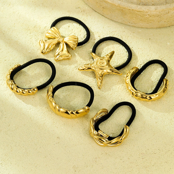 Wholesale Hair Accessories Stainless Steel Retro Ins Style Bow Geometric Starfish Hair Ring With 18K Gold Electroplated Hair Rope