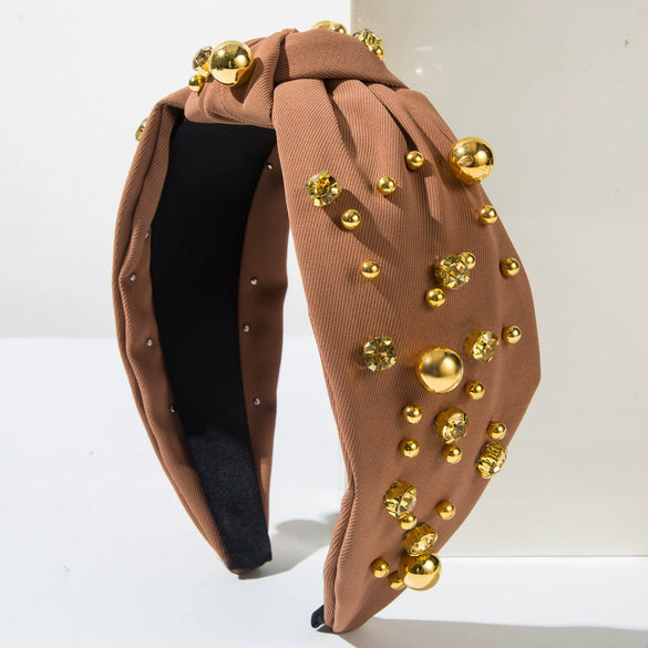 Wholesale Hair Hoop Alloy Retro Geometric Style With Gold Beads And Diamonds Set With Pearls For Women