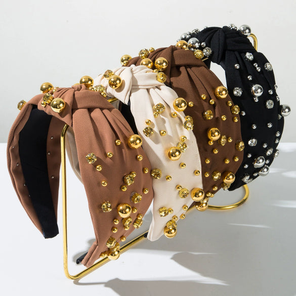 Wholesale Hair Hoop Alloy Retro Geometric Style With Gold Beads And Diamonds Set With Pearls For Women