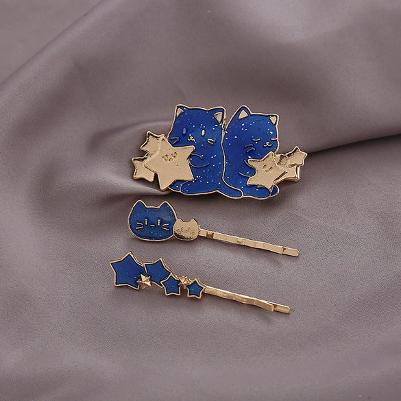 Wholesale Hairpin Copper Zinc Alloy Animals Dripping Oil Style Female Hair Accessories Cat Shiny Starry Sky Side Clip