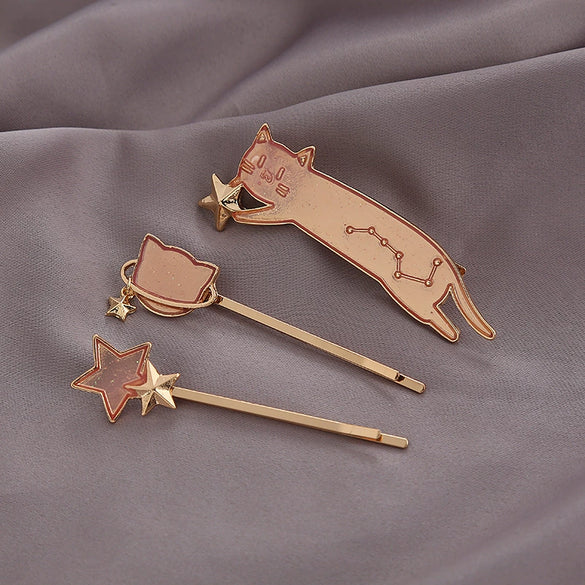 Wholesale Hairpin Copper Zinc Alloy Animals Dripping Oil Style Female Hair Accessories Cat Shiny Starry Sky Side Clip