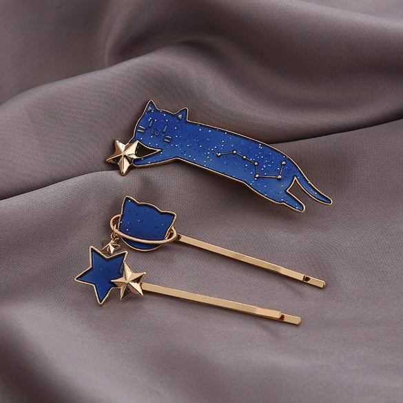 Wholesale Hairpin Copper Zinc Alloy Animals Dripping Oil Style Female Hair Accessories Cat Shiny Starry Sky Side Clip