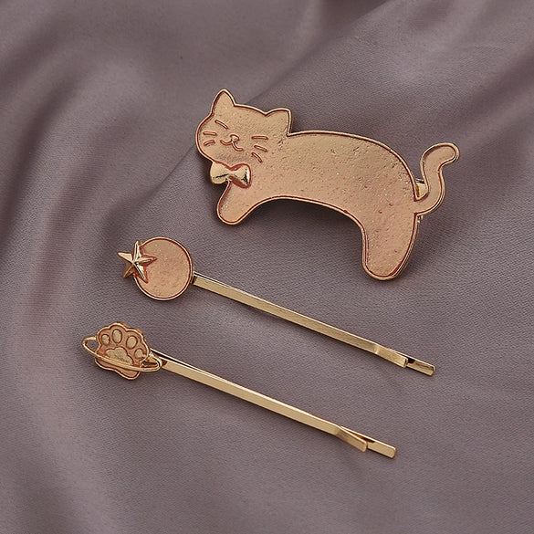 Wholesale Hairpin Copper Zinc Alloy Animals Dripping Oil Style Female Hair Accessories Cat Shiny Starry Sky Side Clip