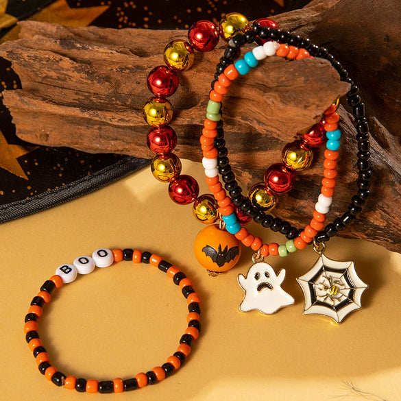 Wholesale Halloween Beaded Bracelet With Dark Funny Spider Ghost Bat Resin Material Fourpiece Set For Women