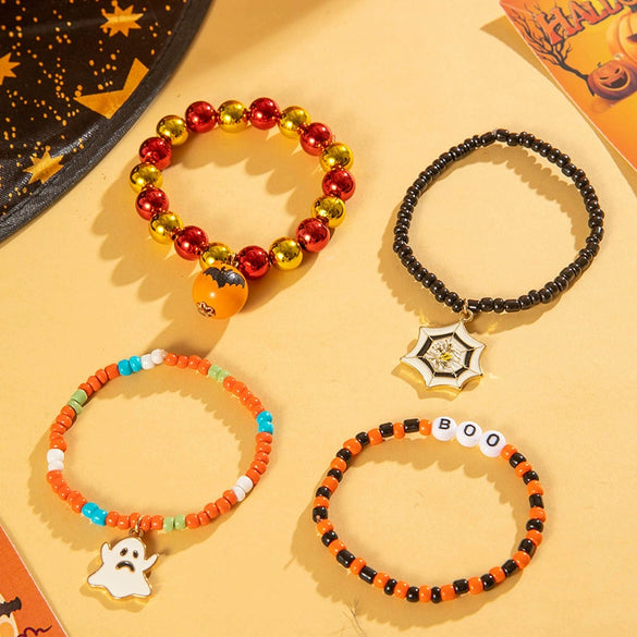 Wholesale Halloween Beaded Bracelet With Dark Funny Spider Ghost Bat Resin Material Fourpiece Set For Women