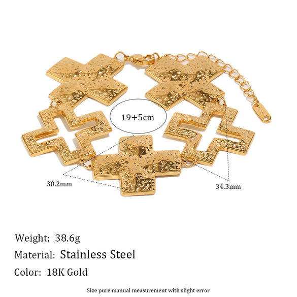 Wholesale Hammered Geometric Pattern Wide Square Bracelet For Women Stainless Steel 18K Gold Plated