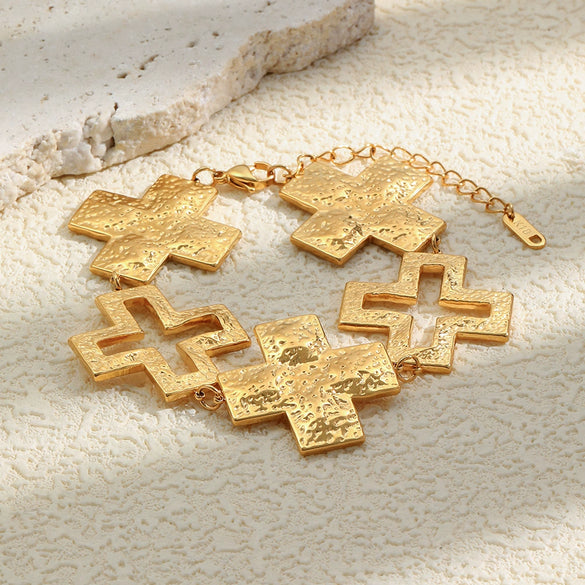 Wholesale Hammered Geometric Pattern Wide Square Bracelet For Women Stainless Steel 18K Gold Plated