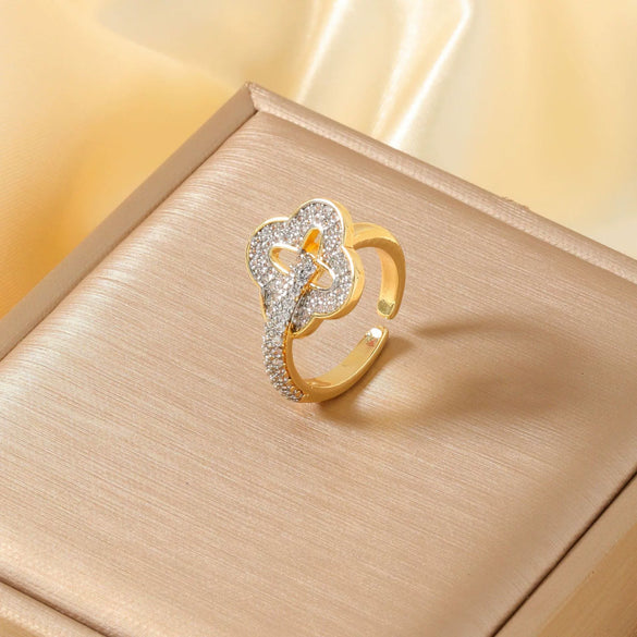 Wholesale Hand Jewelry Copper Inlaid Zirconium Heart Four Leaf Clover Open Ring Electroplating Geometric Style