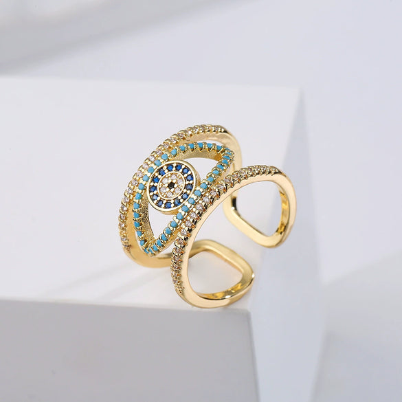 Wholesale Hand Jewelry Copper Real Gold Micropaved Geometric Cut Out Design Open Ring For Women