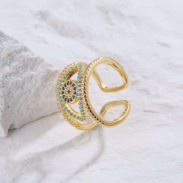 Wholesale Hand Jewelry Copper Real Gold Micropaved Geometric Cut Out Design Open Ring For Women