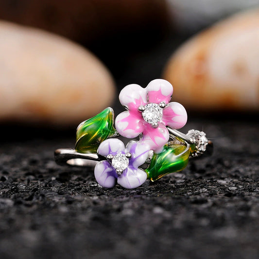 Wholesale Hand Jewelry Copper Sweet Flower Leaf Enamel Glue Zircon Ring For Women