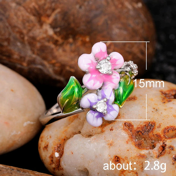 Wholesale Hand Jewelry Copper Sweet Flower Leaf Enamel Glue Zircon Ring For Women