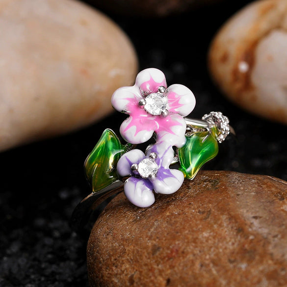 Wholesale Hand Jewelry Copper Sweet Flower Leaf Enamel Glue Zircon Ring For Women