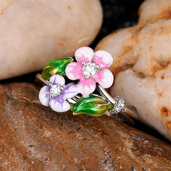 Wholesale Hand Jewelry Copper Sweet Flower Leaf Enamel Glue Zircon Ring For Women