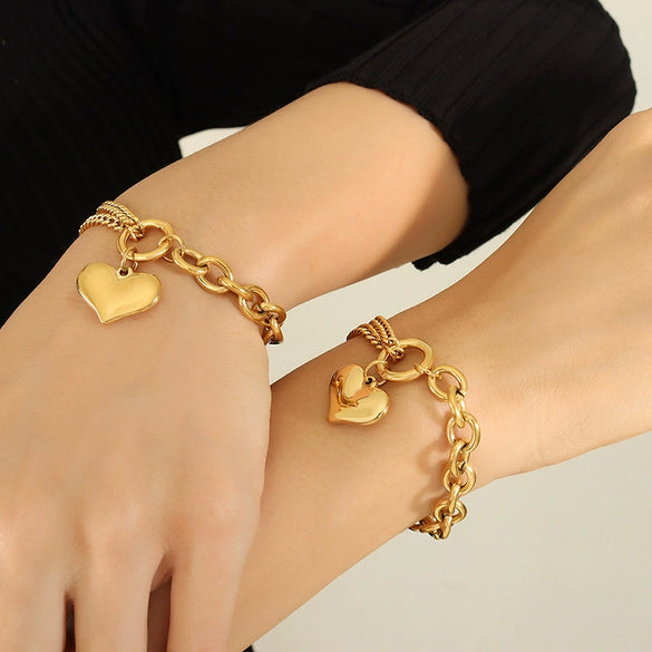 Wholesale Hand Jewelry Cuban Chain Stitching Chain Love Bracelet In 316L Stainless Steel With Heart Shape And 18K Gold Plated Electroplating For Women