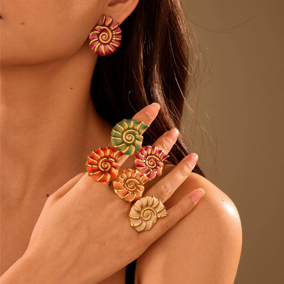 Wholesale Hand Jewelry Stainless Steel Earrings And Titanium Steel Ring Marine Style Geometric Pattern 18K Gold Plated
