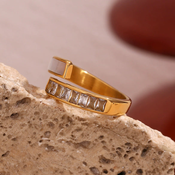Wholesale Hand Jewelry Stainless Steel 18K Gold Plated Geometric Asymmetric Open Zircon Shell Ring For Women