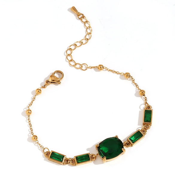 Wholesale Hand Jewelry Stainless Steel 18K Gold Plated Geometric Oval Green Stone Rectangular Zircon Bracelet For Women