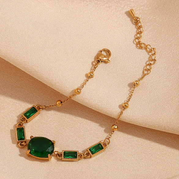 Wholesale Hand Jewelry Stainless Steel 18K Gold Plated Geometric Oval Green Stone Rectangular Zircon Bracelet For Women