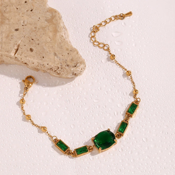Wholesale Hand Jewelry Stainless Steel 18K Gold Plated Geometric Oval Green Stone Rectangular Zircon Bracelet For Women