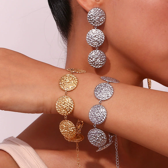 Wholesale Hand Jewelry Stainless Steel 18K Gold Plated Hammered Geometric Disc Bracelet For Women