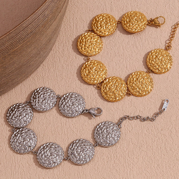 Wholesale Hand Jewelry Stainless Steel 18K Gold Plated Hammered Geometric Disc Bracelet For Women