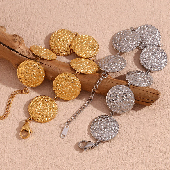 Wholesale Hand Jewelry Stainless Steel 18K Gold Plated Hammered Geometric Disc Bracelet For Women