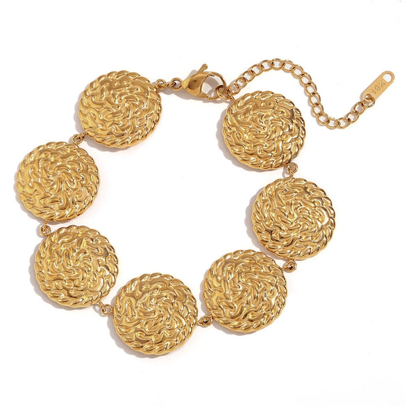 Wholesale Hand Jewelry Stainless Steel 18K Gold Plated Hammered Geometric Disc Bracelet For Women