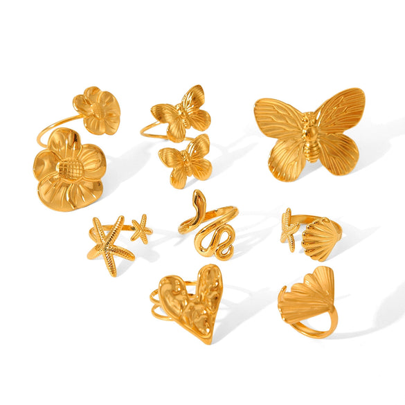 Wholesale Hand Jewelry Stainless Steel Open Ring With Butterfly Snakeshaped Starfish Heart Flower Geometric Animal Zodiac Patterns Electroplated