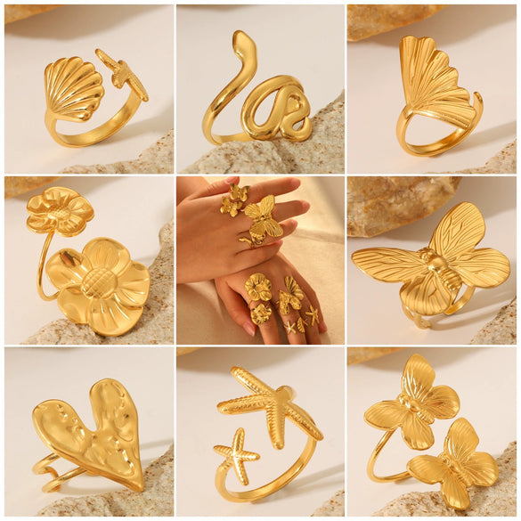 Wholesale Hand Jewelry Stainless Steel Open Ring With Butterfly Snakeshaped Starfish Heart Flower Geometric Animal Zodiac Patterns Electroplated