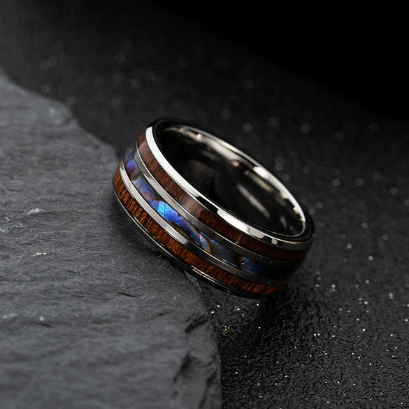 Wholesale Hand Jewelry Titanium Steel Ring Inlaid With Wood Grain Imitation Shell Geometric Dripping Oil Unisex