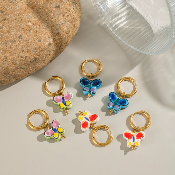 Wholesale Hand Painted Oil Drip Colorful Butterfly Titanium Steel Earrings With Pvd Vacuum Real Gold Electroplating For Women