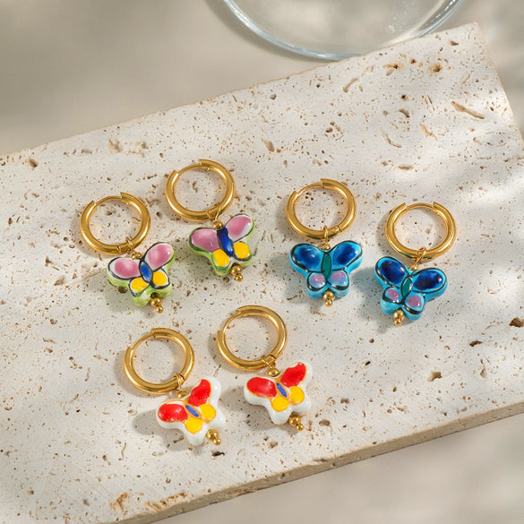 Wholesale Hand Painted Oil Drip Colorful Butterfly Titanium Steel Earrings With Pvd Vacuum Real Gold Electroplating For Women