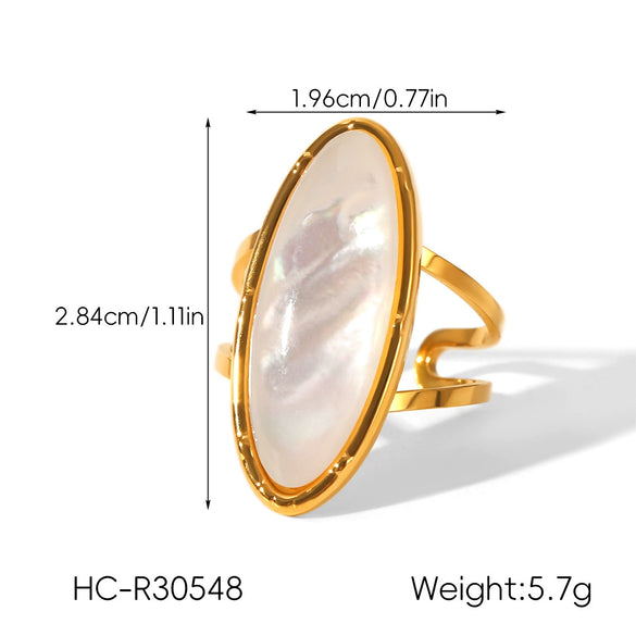 Wholesale Handdecorated Electroplated Geometric Stainless Steel Oval Ring With Natural White Shell For Women