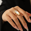 Wholesale Handdecorated Electroplated Geometric Stainless Steel Oval Ring With Natural White Shell For Women