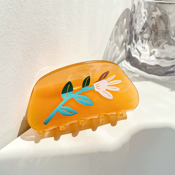 Wholesale Handmade Acrylic Vintage Printed Women's Hair Grab Clip With Plant Flowers Design