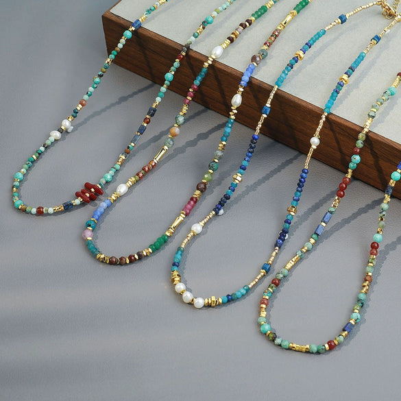 Wholesale Handmade African Turquoise Red Coral Copper Natural Stone Geometric Style Chain Necklace For Women