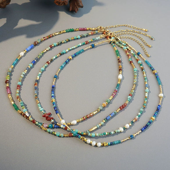 Wholesale Handmade African Turquoise Red Coral Copper Natural Stone Geometric Style Chain Necklace For Women