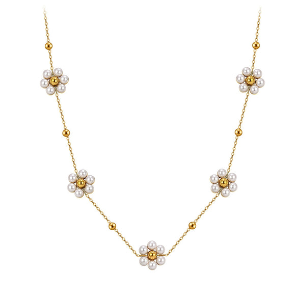 Wholesale Handmade Beaded Chain Flower Pearl Geometric Calendering Chain Electroplated Necklace For Women