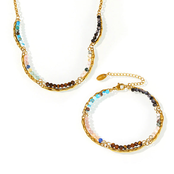 Wholesale Handmade Beaded Collarbone Necklace And Bracelet Set With Natural Stone And Imitation Pearl Light Luxury Style Electroplated