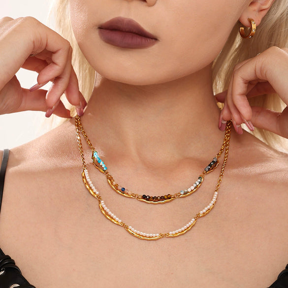 Wholesale Handmade Beaded Collarbone Necklace And Bracelet Set With Natural Stone And Imitation Pearl Light Luxury Style Electroplated
