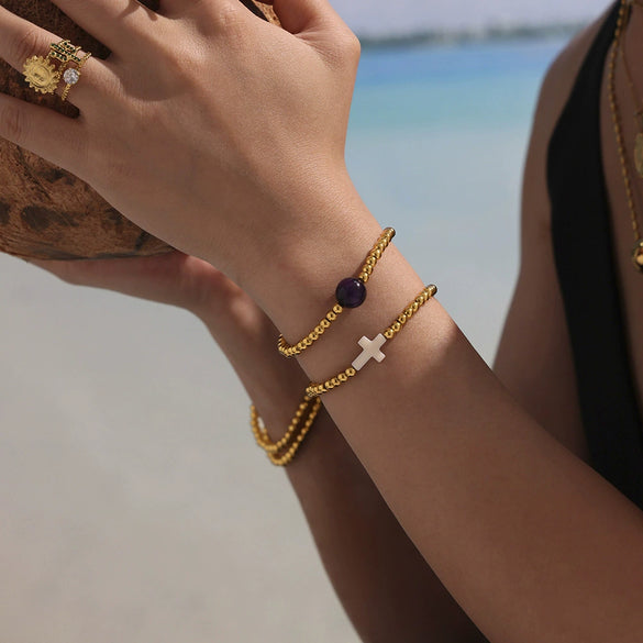 Wholesale Handmade Beaded Cross Bracelet 316L Stainless Steel Geometric 18K Gold Plated Jewelry For Women